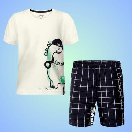 Imagem de Conjunto Bebê Menino Alakazoo Camiseta em Algodão com Estampa de Dinossauro e Bermuda em Moletom em Xadrez