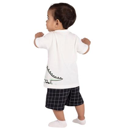 Imagem de Conjunto Bebê Menino Alakazoo Camiseta em Algodão com Estampa de Dinossauro e Bermuda em Moletom em Xadrez