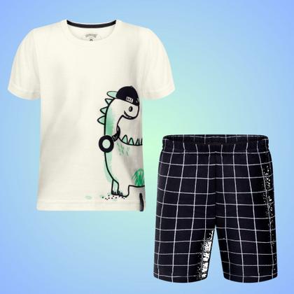 Imagem de Conjunto Bebê Menino Alakazoo Camiseta em Algodão com Estampa de Dinossauro e Bermuda em Moletom em Xadrez