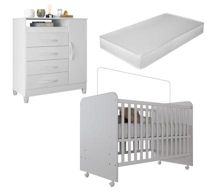 Imagem de Conjunto Berço e Cômoda Infantil Branco  Completo, Seguro e Funcional  Ideal para Quarto de Bebê Com Colchão