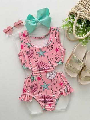 Imagem de Conjunto Biquini Blusinha Menina Infantil Praia Proteção Solar Uv Maiô Manga Curta Cavada Babadinho