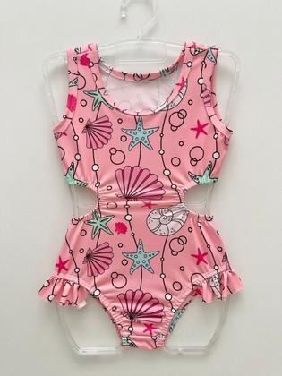 Imagem de Conjunto Biquini Blusinha Menina Infantil Praia Proteção Solar Uv Maiô Manga Curta Cavada Babadinho