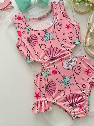 Imagem de Conjunto Biquini Blusinha Menina Infantil Praia Proteção Solar Uv Maiô Manga Curta Cavada Babadinho