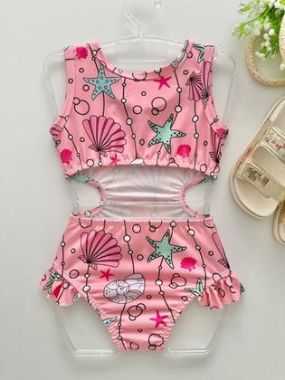 Imagem de Conjunto Biquini Blusinha Menina Infantil Praia Proteção Solar Uv Maiô Manga Curta Cavada Babadinho