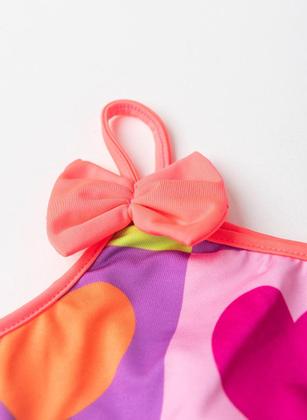 Imagem de Conjunto Biquíni Infantil Menina Pink Top Alcinha com Laço e Calcinha Saia Corações