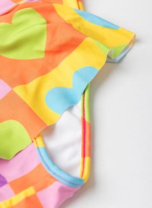 Imagem de Conjunto Biquíni Infantil Menina Pink Top Alcinha com Laço e Calcinha Saia Corações