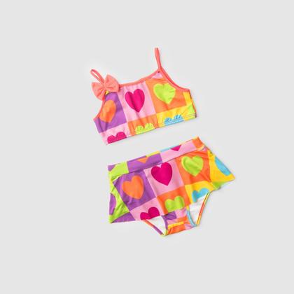 Imagem de Conjunto Biquíni Infantil Menina Pink Top Alcinha com Laço e Calcinha Saia Corações