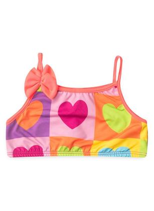 Imagem de Conjunto Biquíni Infantil Menina Pink Top Alcinha com Laço e Calcinha Saia Corações