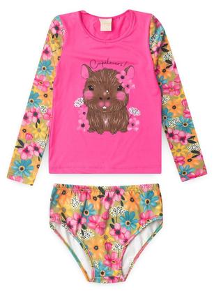 Imagem de Conjunto Biquíni Infantil Menina Rosa Blusa Manga Longa e Calcinha Capivara