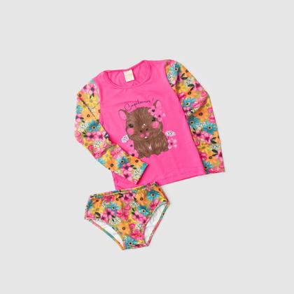 Imagem de Conjunto Biquíni Infantil Menina Rosa Blusa Manga Longa e Calcinha Capivara