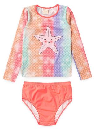 Imagem de Conjunto Biquíni Infantil Menina Rosa Blusa Manga Longa e Calcinha Estrela Fofa do Mar