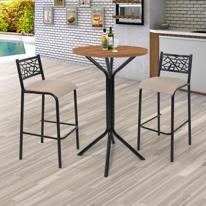 Imagem de Conjunto bistro ciplafe dani 2 banquetas alta tubo preto fosco com tampo madeira amendoa 0,65m redondo