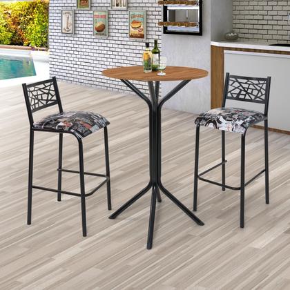 Imagem de Conjunto bistro ciplafe dani 2 banquetas alta tubo preto fosco com tampo madeira amendoa 0,65m redondo