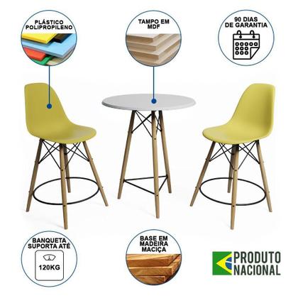 Imagem de Conjunto Bistrô Eames Eiffel Mesa Branca Com 2 Banquetas Amarelas De Madeira - Cor: Branco