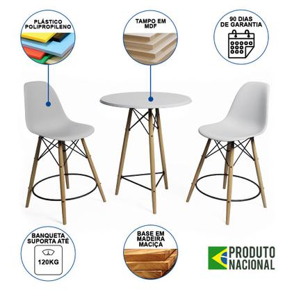 Imagem de Conjunto Bistrô Eames Eiffel Mesa Branca com 2 Banquetas Brancas de Madeira