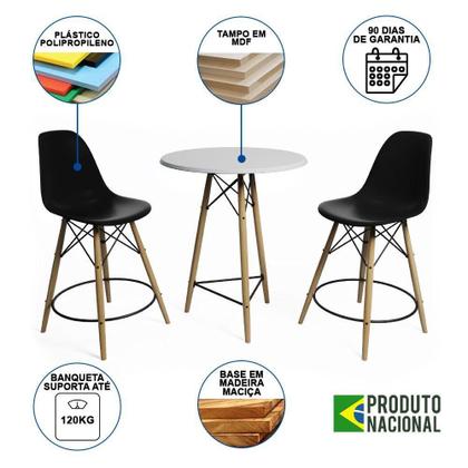 Imagem de Conjunto Bistrô Eames Eiffel Mesa Branca Com 2 Banquetas Pretas De Madeira - Cor: Branco