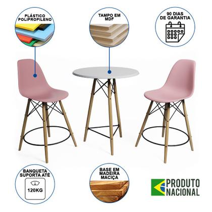 Imagem de Conjunto Bistrô Eames Eiffel Mesa Branca com 2 Banquetas Rosas de Madeira