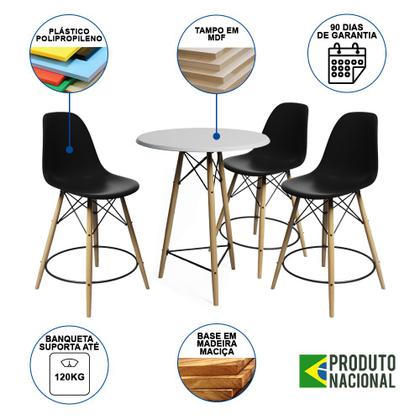 Imagem de Conjunto Bistrô Eames Eiffel Mesa Branca com 3 Banquetas Pretas de Madeira