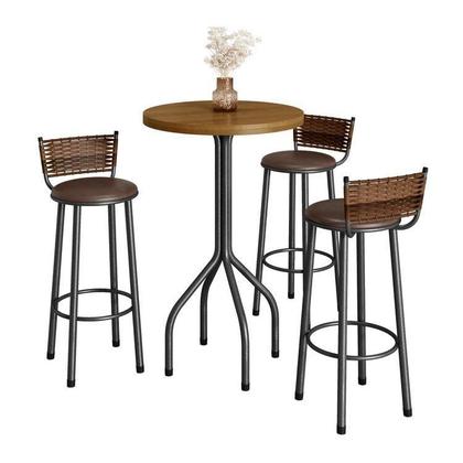 Imagem de Conjunto Bistrô Mesa Redonda com 3 Banquetas Madeira Maciça e Aço Bete Prata/Marrom