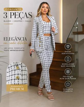 Imagem de Conjunto Blazer Calça Crooped Social Feminino Xadrez 3 Peças Inverno Elegante Sofisticado Cor:Branco XadrexTamanho:G(4