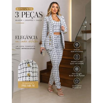 Imagem de Conjunto Blazer Calça Crooped Social Feminino Xadrez 3 Peças Inverno Elegante Sofisticado Cor:Branco XadrexTamanho:G(4