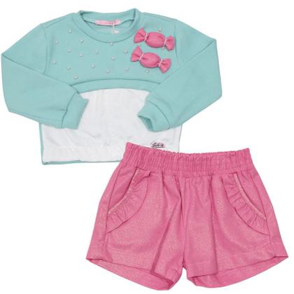 Imagem de Conjunto Blusa Apliques Pérolas e Bombom Verde com Shorts Pink