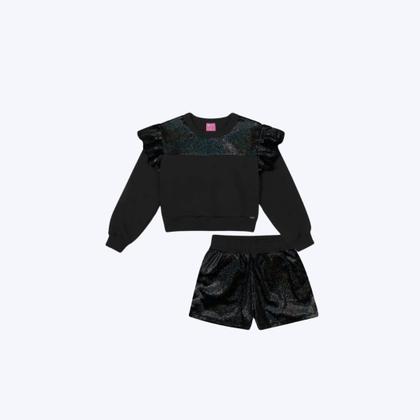 Imagem de Conjunto Blusa Manga Longa e Shorts Brilho Moletom Felpado Preto Infantil Menina Mundo Cinti 12341