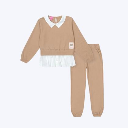 Imagem de Conjunto Blusa Moletinho Com Gola e Calça Jogger Bege Infantil Menina Mundo Cinti 12399