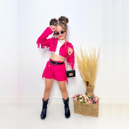 Imagem de Conjunto Boiadeira Infantil Rosa Pink com Cropped Preto  Estilo Exclusivo Ana Castela