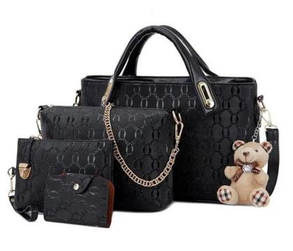 Imagem de Conjunto Bolsas Femininas Transversal Com Alça de Ombro Ajustável 4Peças+Ursinho,Cor: Preta