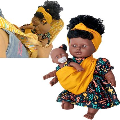 Imagem de Conjunto Boneca Mamãe e Bebe Africana + Canguru Passeio