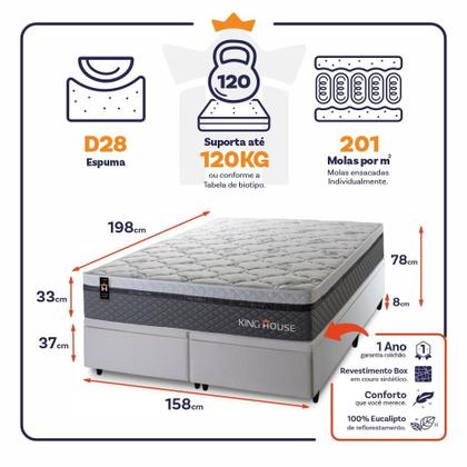 Imagem de Conjunto Box Baú Benton Cinza 158x198x78 c/ Molas Ensacadas