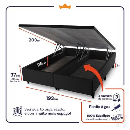 Imagem de Conjunto Box Baú Durham Preto 193x203x67 c/ Molas Ensacadas