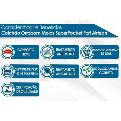 Imagem de Conjunto Box Baú Solteiro: Colchão Molas Ortobom Ortobom Ensacadas Fort Airtech + Base CRC Suede Clean (88x188)