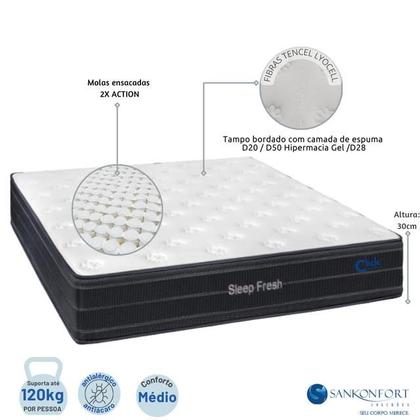Imagem de Conjunto Box Baú Viúva Colchão Molas Ensacadas Sleep Fresh Sankonfort  Cama Blindada Reforçada 128x188  Ideal para Quartos Pequenos