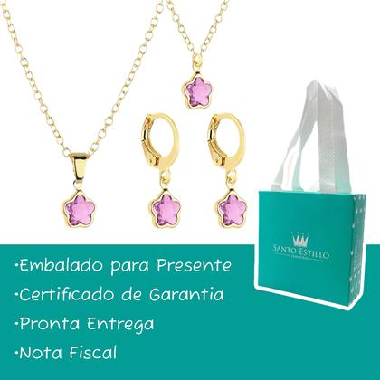 Imagem de Conjunto Brinco Colar e Pulseira Infantil Antialérgico Rosa