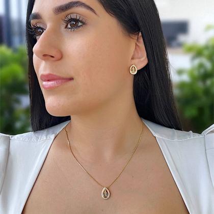 Imagem de Conjunto Brinco Colar Nossa Senhora Aparecida Banhado Ouro
