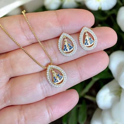 Imagem de Conjunto Brinco Colar Nossa Senhora Aparecida Banhado Ouro