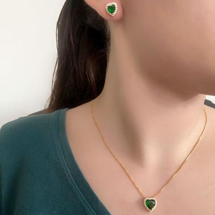 Imagem de Conjunto Brinco e Colar Coração Verde Esmeralda e Zircônia Banhado Ouro 18k