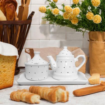 Imagem de Conjunto bule de café provençal com açucareiro e bandeja porcelana poá preto