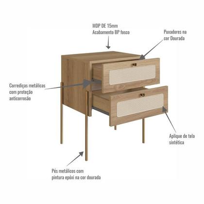 Imagem de Conjunto Cabeceira Casal 160cm e 2 Mesas de Cabeceira 2 Gavetas Pé Metal Palhinha Oslo