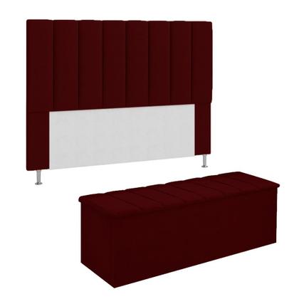 Imagem de Conjunto Cabeceira E Calçadeira Cancun Para Cama Box Queen 160 cm Suede Vermelho Bordo - DL Decor