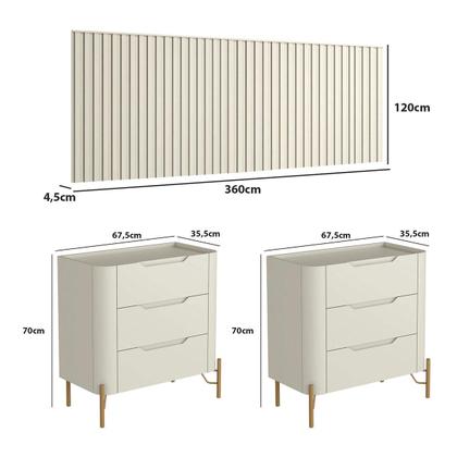 Imagem de Conjunto Cabeceira King 360cm c/ 2 Mesas de Cabeceira em MDF