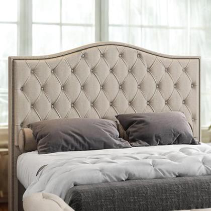 Imagem de Conjunto Cabeceira Viena 140cm Puff Veneza Com Tacinhas e Pés em Madeira Linho Bege Larbelle Móveis