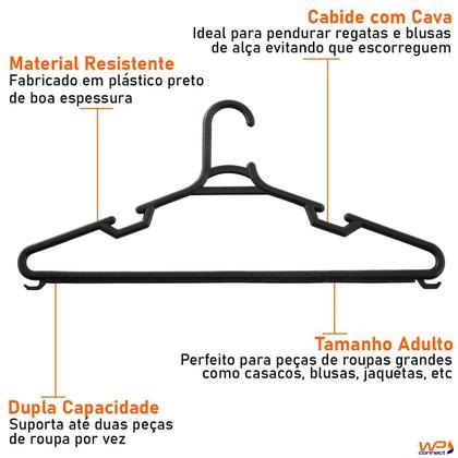 Imagem de Conjunto Cabide Plástico Adulto com Cavas Preto 6 Peças