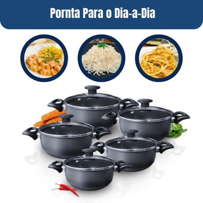 Imagem de Conjunto caçarola panela antiaderente 5 pçs preto com tampa de vidro