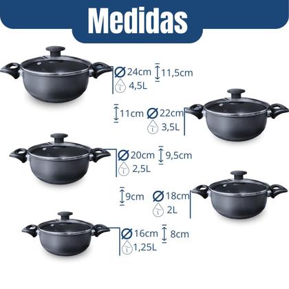 Imagem de Conjunto caçarola panela antiaderente 5 pçs preto com tampa de vidro