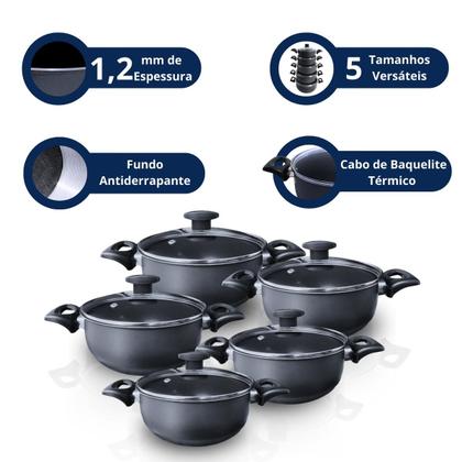 Imagem de Conjunto caçarola panela antiaderente 5 pçs preto com tampa de vidro