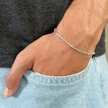 Imagem de Conjunto Cadeado Curta 2,5mm Corrente 70cm e Pulseira Masculina Prata 925