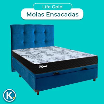 Imagem de Conjunto Cama Box Bau Azul Casal + Colchão Molas Ensacadas Life Gold Paropas + Cabeceira